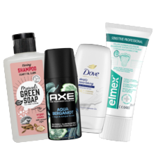Alle Dove, Axe, Wilkinson, Elmex, Marcel's Green Soap of Hawaiian Tropic mini's
